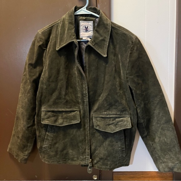 VTG Vintage Genuine Leather Jacket Olive Army Green Full Zip Pockets Coat M - Picture 10 of 10